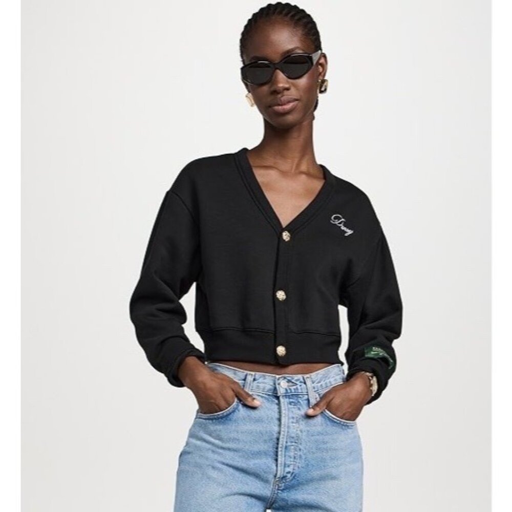 HTF DANZY Black Cropped Fleece Cardigan Sweater Gold Buttons Size Medium